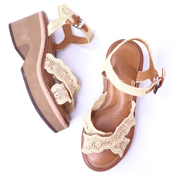 CLERGERIE Charline Platform Wedge Sandals Natural Raffia Strap Women's 39.5/ US9 - Picture 1 of 11